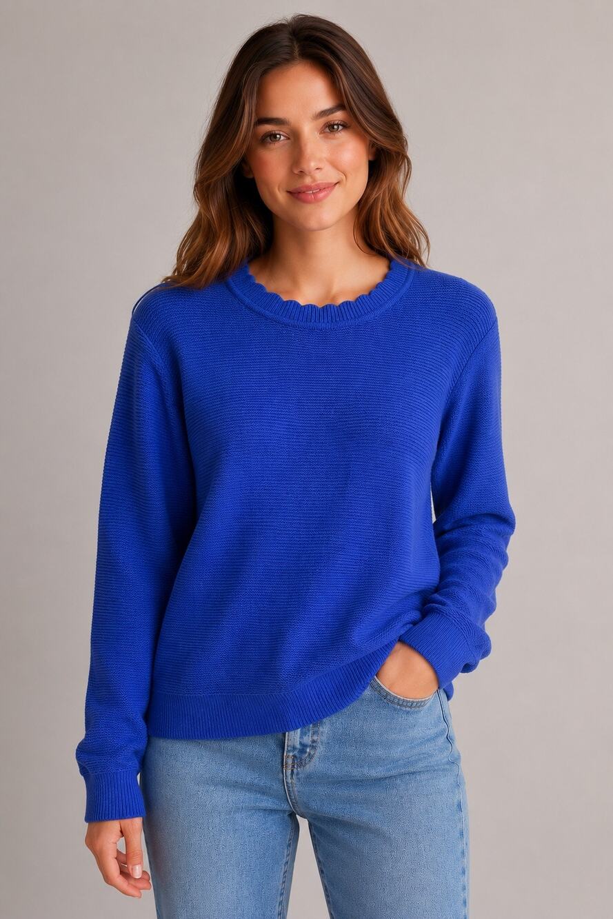 J.Crew Textured Knit Sweater Blue Scalloped Collar Pullover Size Small